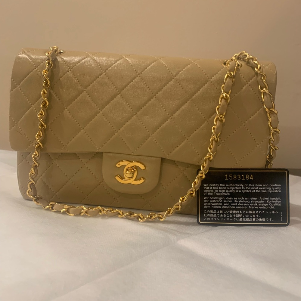 Chanel Vintage Classic Flap Beige Quilted Lambskin with Gold Hardware